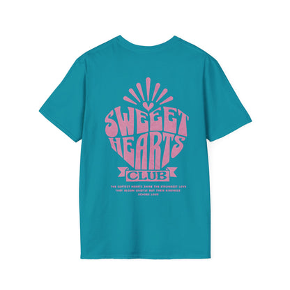 Sweet Hearts Club T-Shirt –  Typography Framed Inside A Heart Frame with Botanical Pattern Front And Back Design