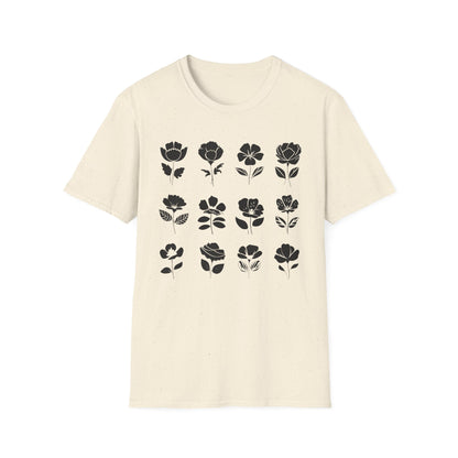 Monochrome Silhouette Grid Flowers T-Shirt