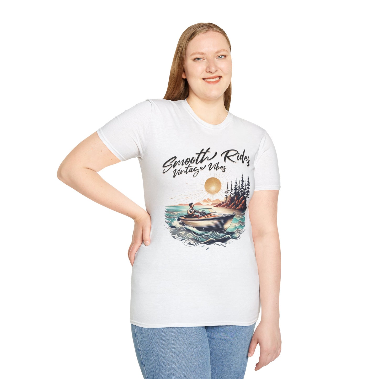 Smooth Rides Vintage Vibes T-Shirt -Vintage Scene with boat and A Man Design