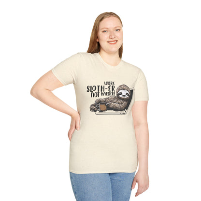 Work Slother Not Harder! - Playful Relaxed Sloth Reclining On Laptop With Coffee Mug T-Shirt