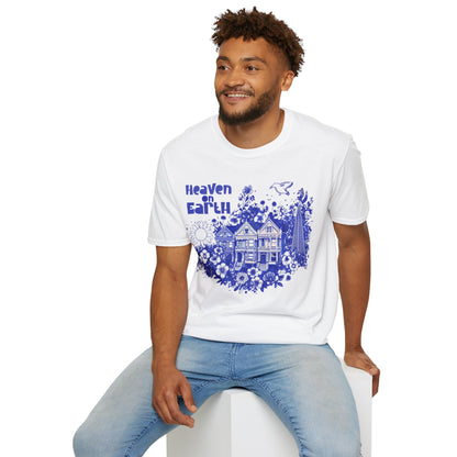 Heaven on Earth - Monochrome Blue Victorian House and Flowers T-Shirt