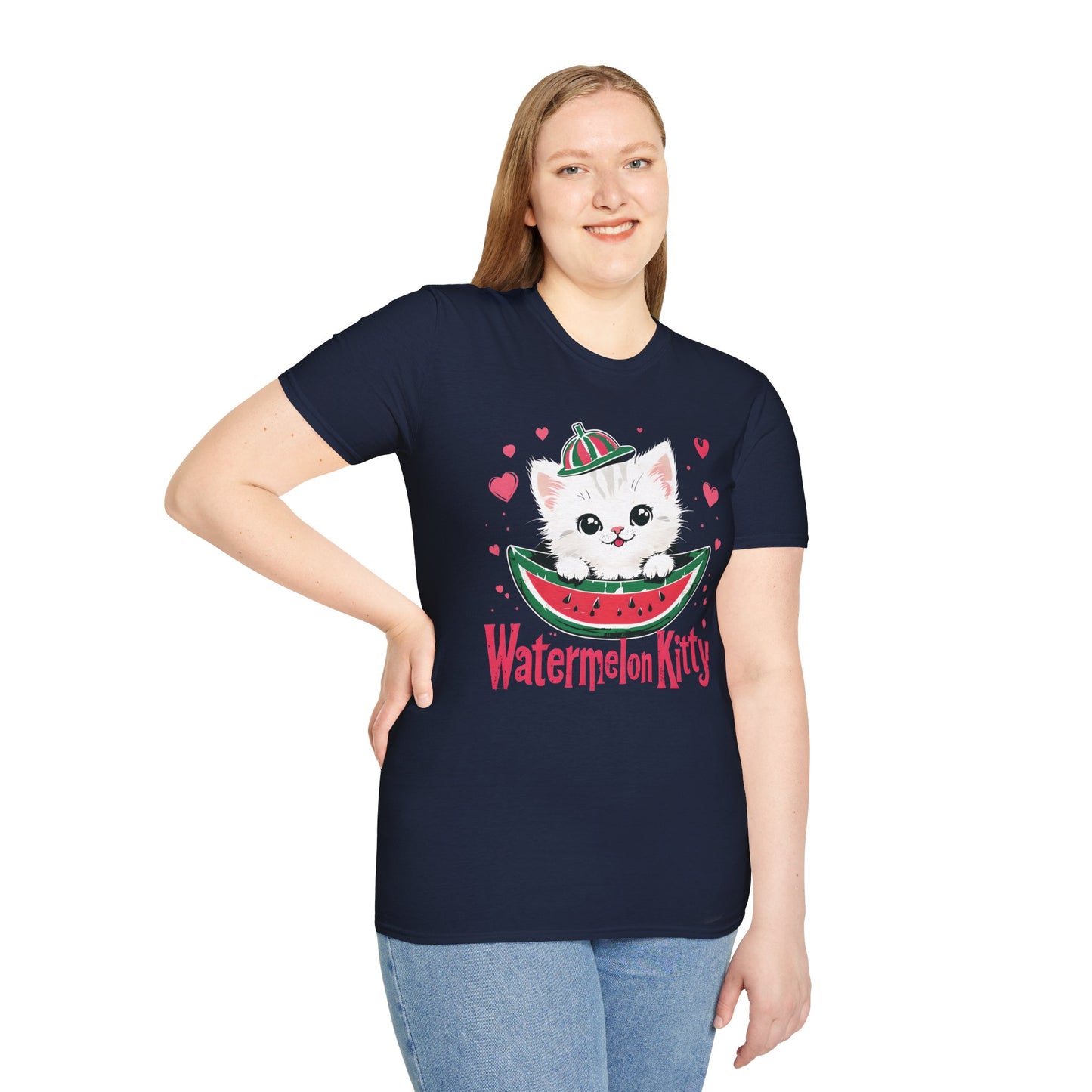 Watermelom Kitty - White Kitten in Watermelon Boat with Hearts  T-Shirt