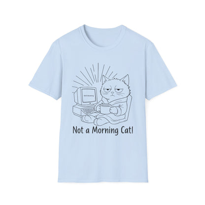 Not A Morning Cat Still Booting T-Shirt -  Sleepy Cartoon Cat in Robe with Coffee Mug and A Computer In the Morning  Design