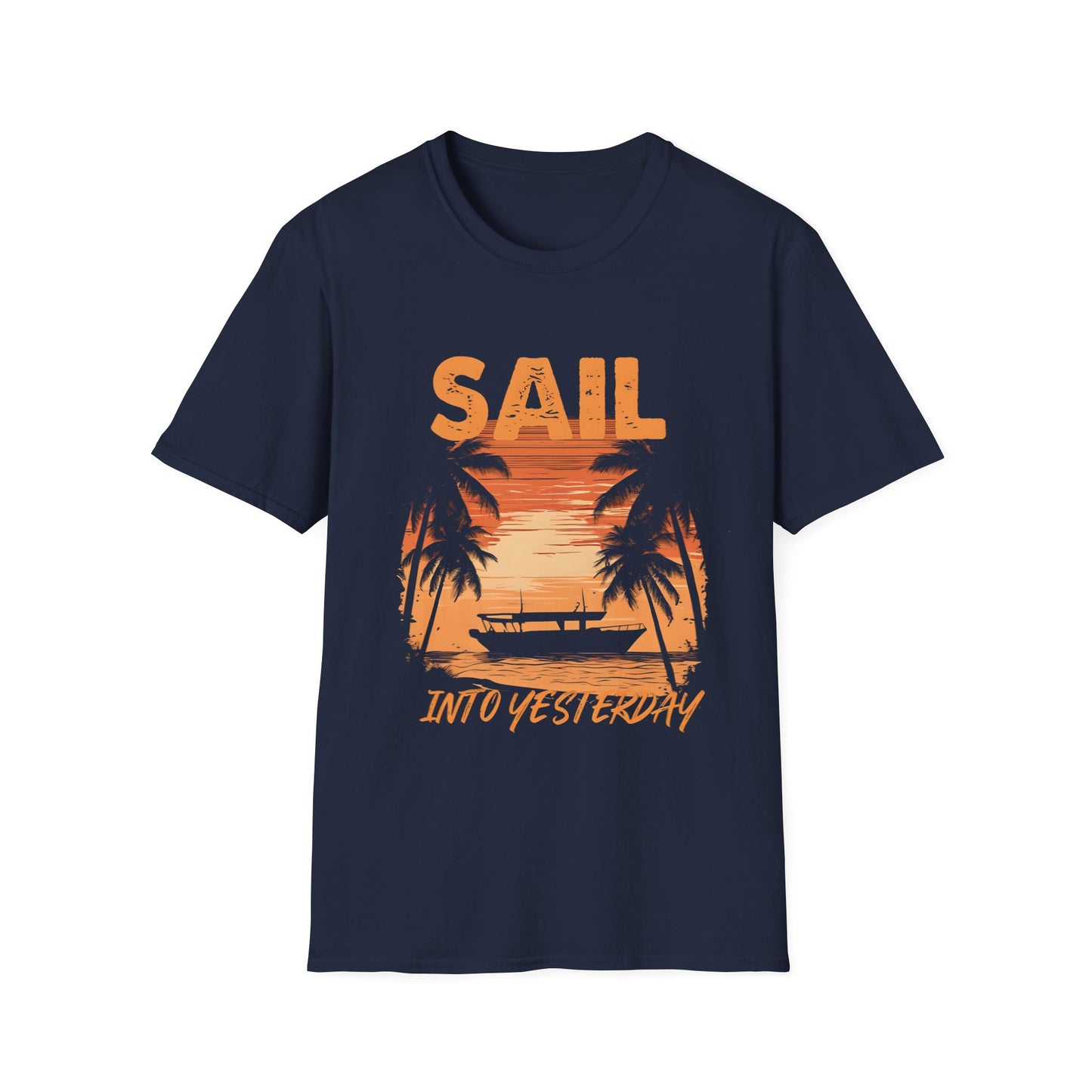 Sail Into Yesterday - Vintage Beach With Silhouetted Boat and Palm Trees T-Shirt
