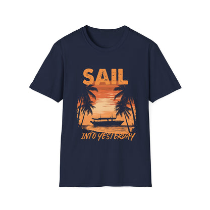 Sail Into Yesterday - Vintage Beach With Silhouetted Boat and Palm Trees T-Shirt