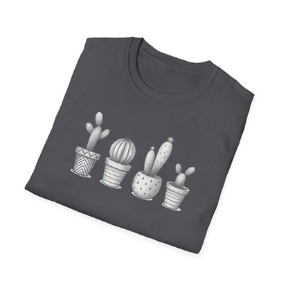 Gray Cacti In Terracotta Pots Line T-Shirt - Botanical Design