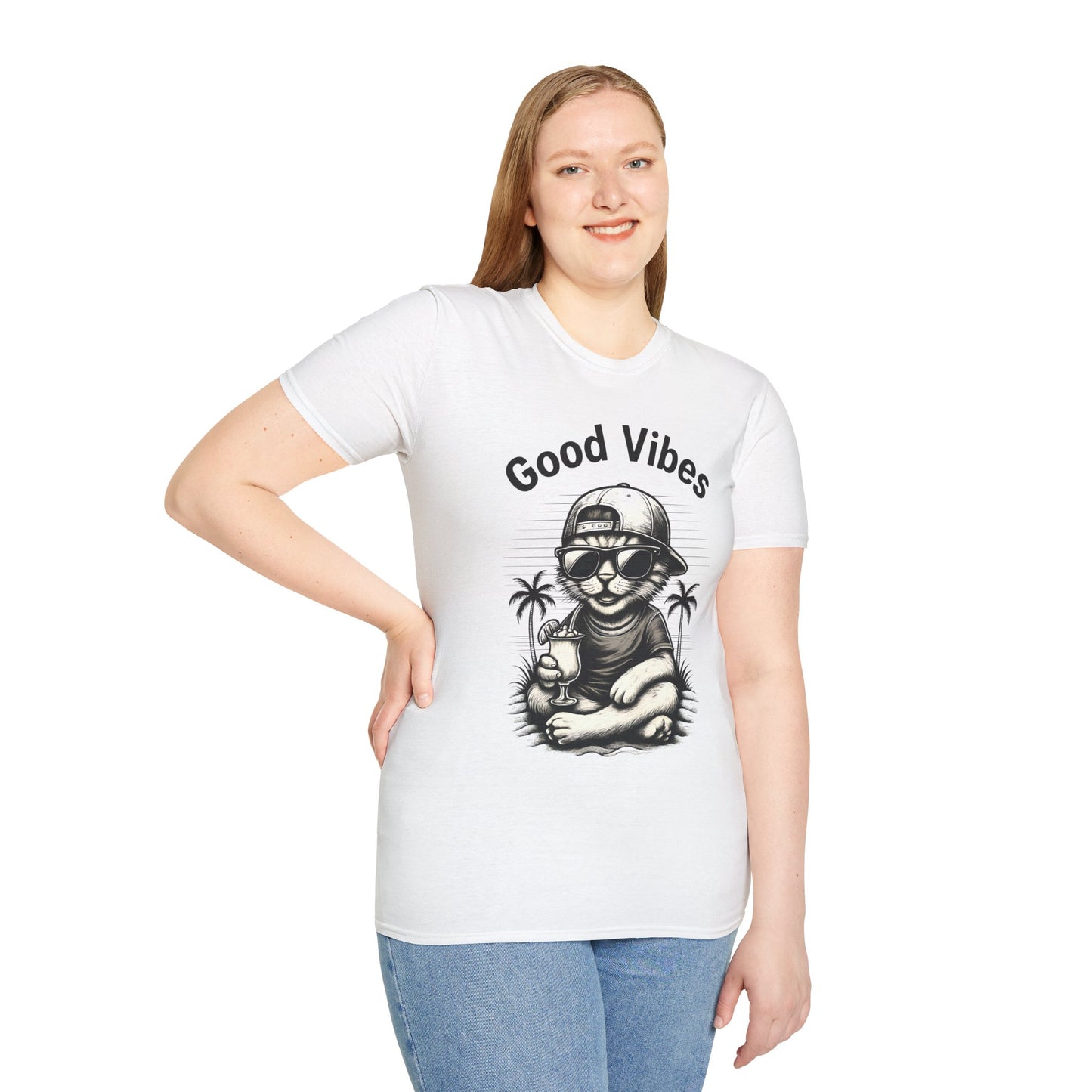 Good Vibes T-Shirt -  Cool Cat Relaxing with Tropical Drink Design