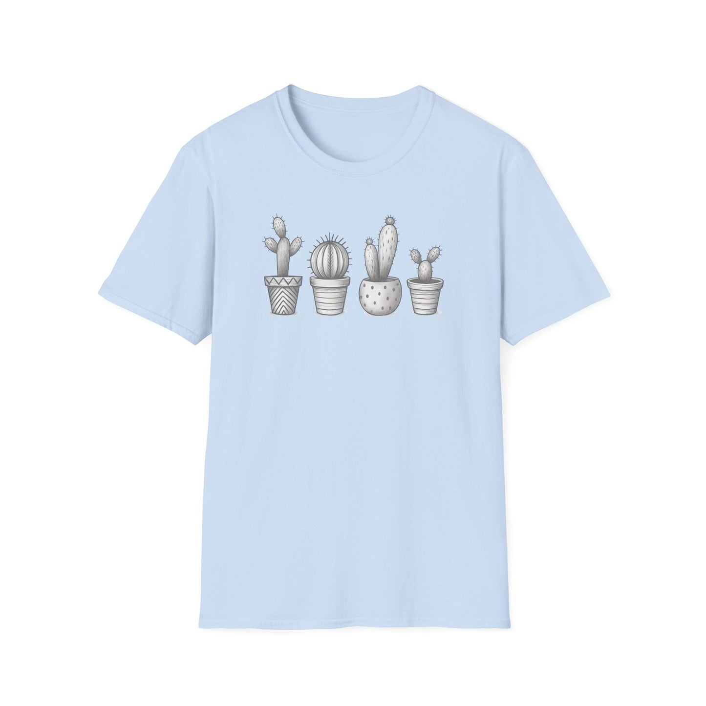 Gray Cacti In Terracotta Pots Line T-Shirt - Botanical Design