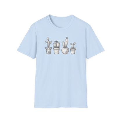 Gray Cacti In Terracotta Pots Line T-Shirt - Botanical Design