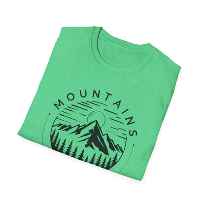 Mountains Call T-Shirt – Circular Nature Scene with Mountains, Trees & Sun Design