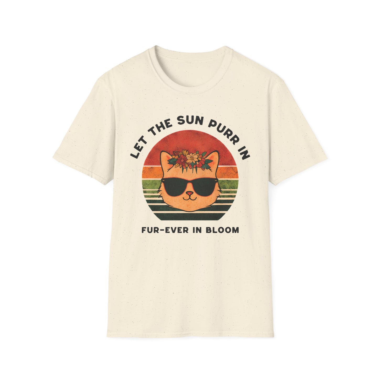 Let the Sun Purr In - Playful Vintage Sunset And A Cat in Sunglasses and Floral Crown T-Shirt