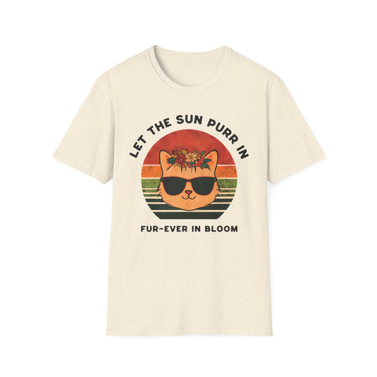 Let the Sun Purr In - Playful Vintage Sunset And A Cat in Sunglasses and Floral Crown T-Shirt