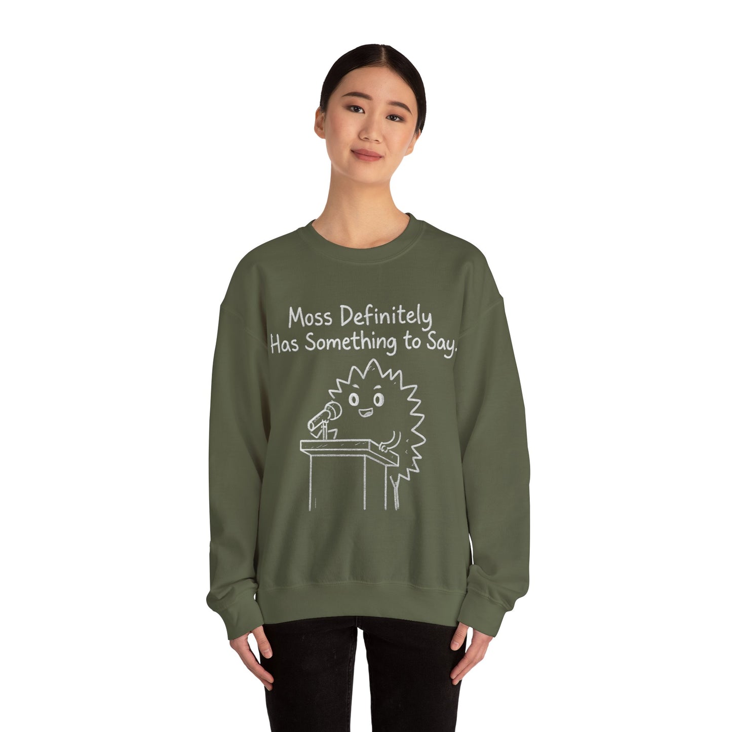 Moss (Most) Definitely Has Something To Say - Chalkboard Playful Moss Speaking into Microphone Sweatshirt