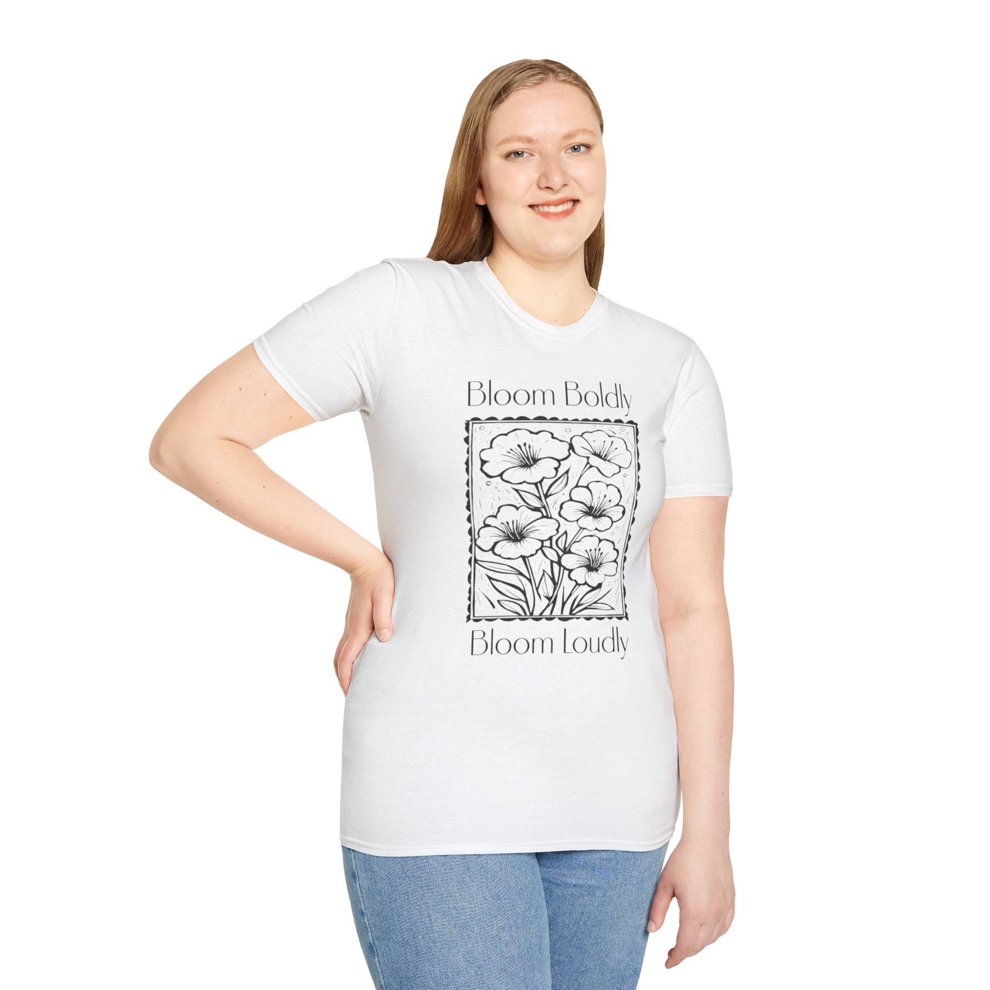 Bloom Boldly And Loudly - Monochrome Flowers With Stamp Border Linocut T-Shirt