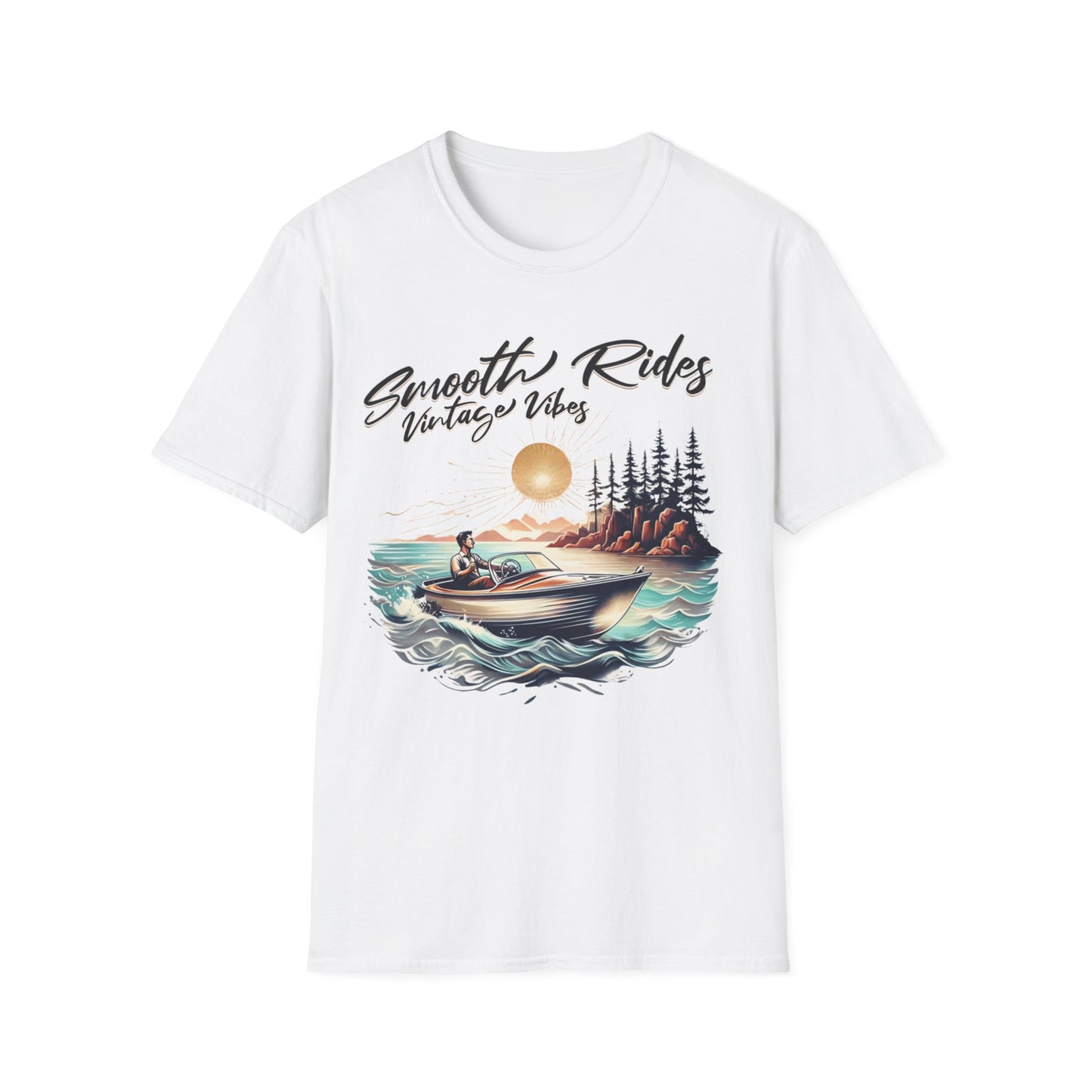 Smooth Rides Vintage Vibes T-Shirt -Vintage Scene with boat and A Man Design