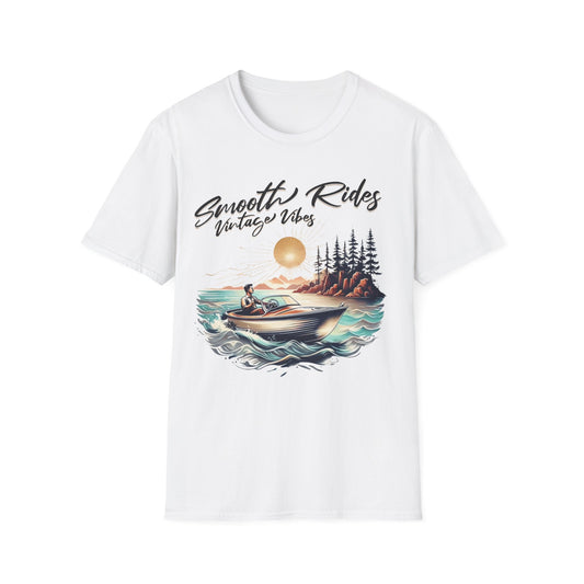 Smooth Rides Vintage Vibes T-Shirt -Vintage Scene with boat and A Man Design