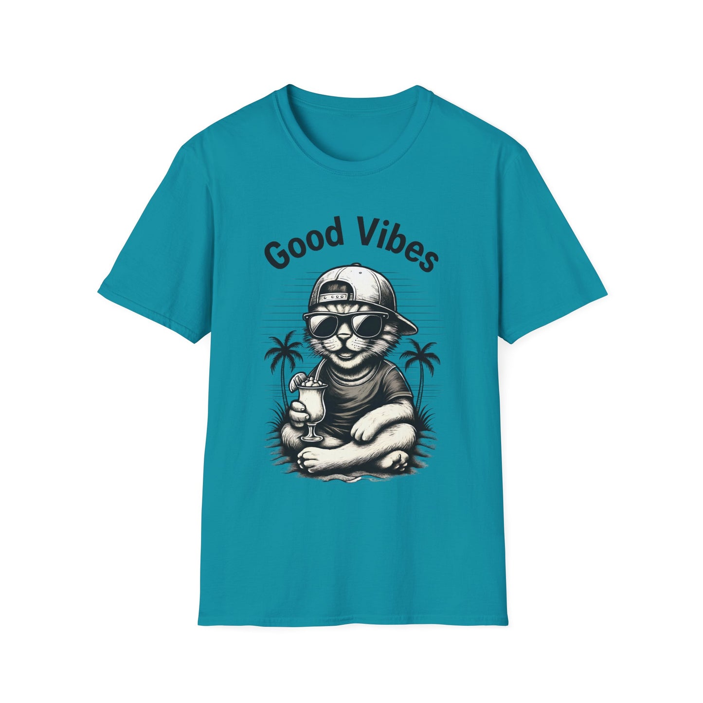 Good Vibes T-Shirt -  Cool Cat Relaxing with Tropical Drink Design