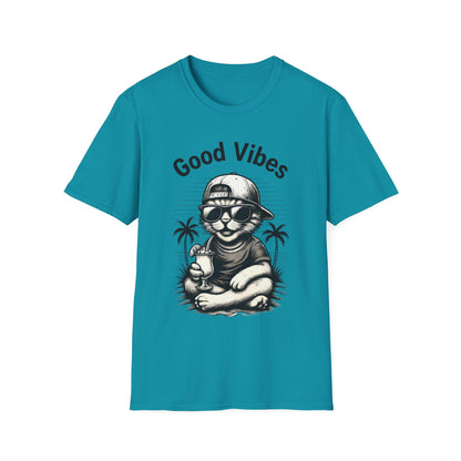 Good Vibes T-Shirt -  Cool Cat Relaxing with Tropical Drink Design