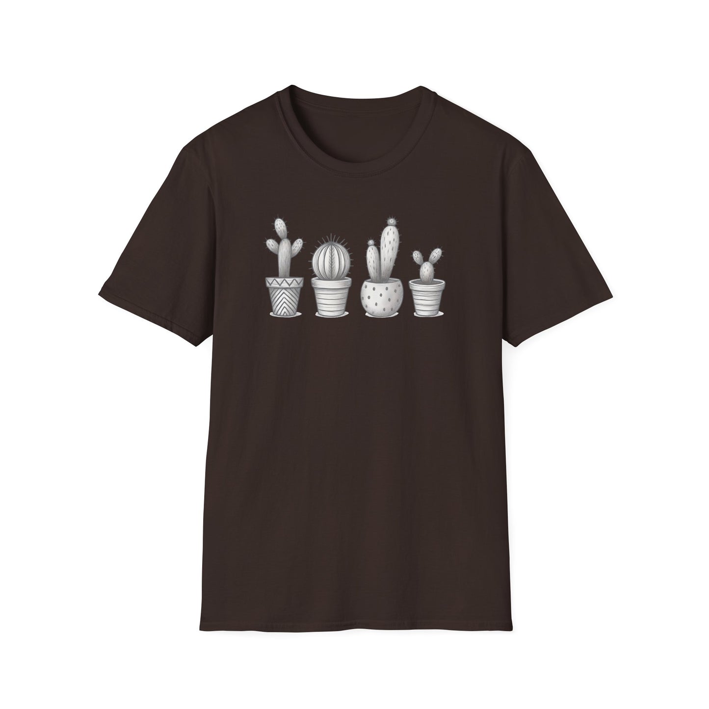 Gray Cacti In Terracotta Pots Line T-Shirt - Botanical Design