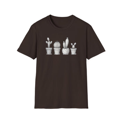 Gray Cacti In Terracotta Pots Line T-Shirt - Botanical Design