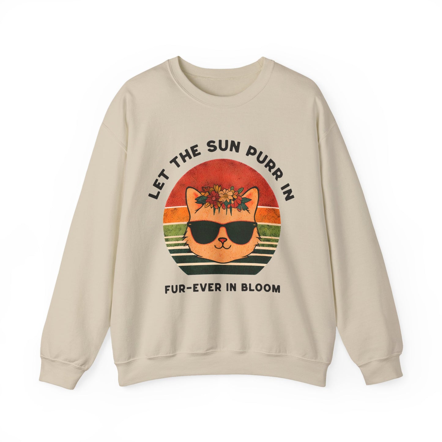 Let the Sun Purr In - Playful Vintage Sunset And A Cat in Sunglasses and Floral Crown Sweatshirt