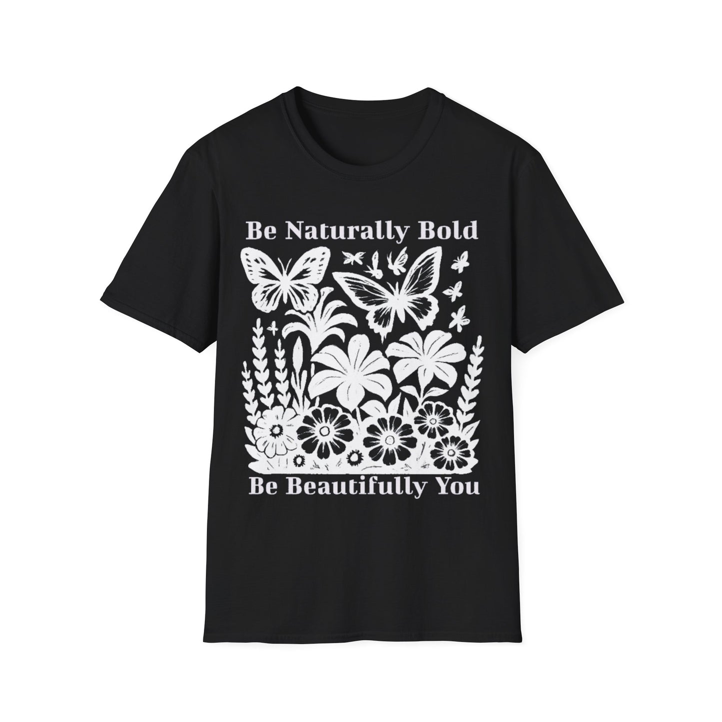 Monochrome Bold Botanical Flowers and Butterflies T-Shirt Design