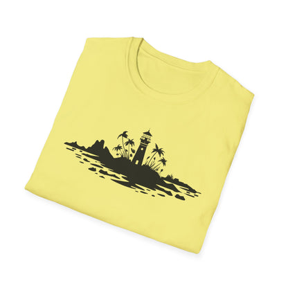Minimalistic Silhouette Lighthouse, Island, Palms and Florals T-Shirt