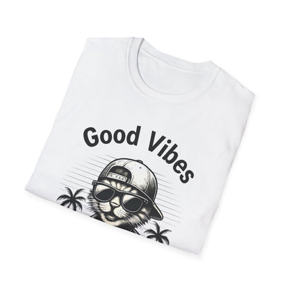 Good Vibes T-Shirt -  Cool Cat Relaxing with Tropical Drink Design