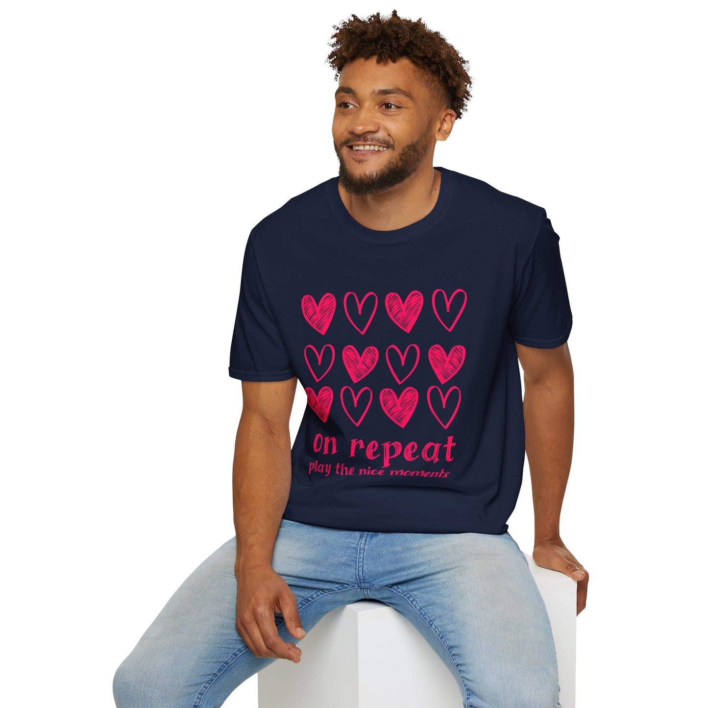 On Repeat, Play The Nice Moments - Monochrome Hearts Grid T-Shirt