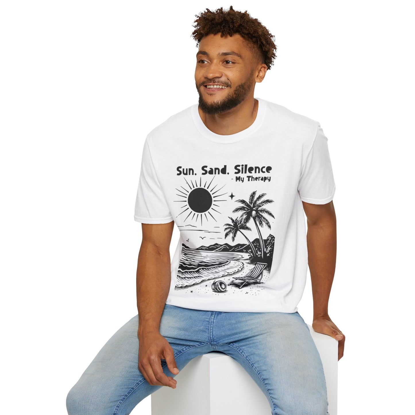 Sun Sand Silence My Therapy - Monochrome Beach Landscape T-Shirt