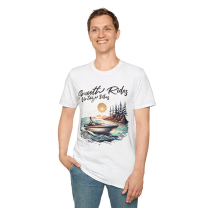 Smooth Rides Vintage Vibes T-Shirt -Vintage Scene with boat and A Man Design