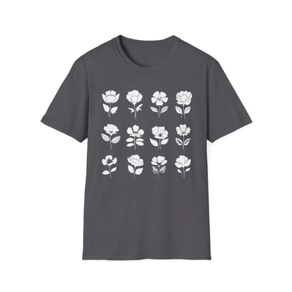 Monochrome Silhouette Grid Flowers T-Shirt