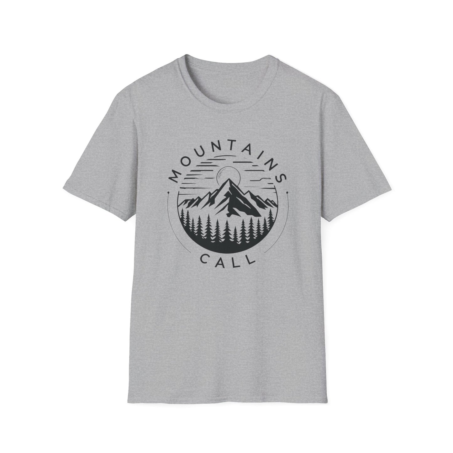 Mountains Call T-Shirt – Circular Nature Scene with Mountains, Trees & Sun Design