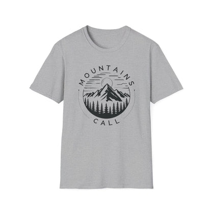 Mountains Call T-Shirt – Circular Nature Scene with Mountains, Trees & Sun Design