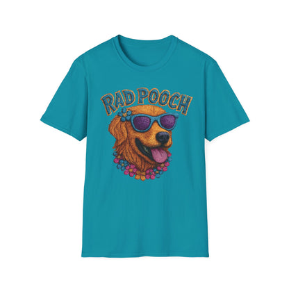 Rad Pooch – Embroidery-Like Style Cartoon Golden Retriever Dog With Floral T-Shirt