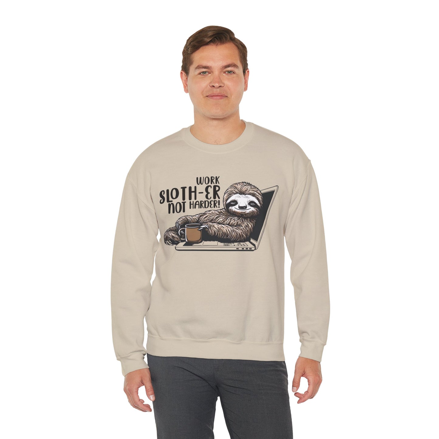 Work Slother Not Harder! - Playful Relaxed Sloth Reclining On Laptop With Coffee Mug Sweatshirt
