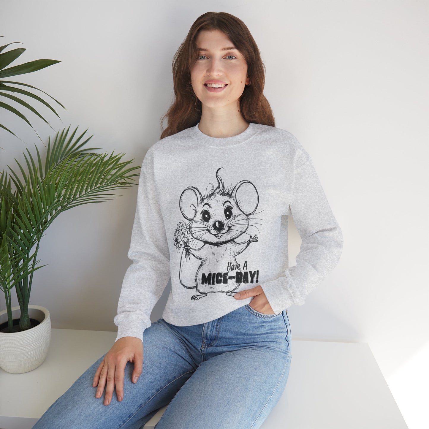 Have A Mice-Day - Playful Mouse Holding Flowers Sweatshirt