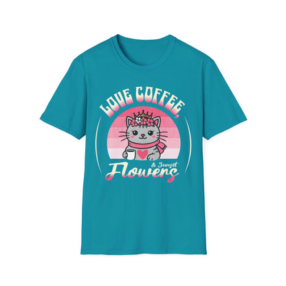 Love Coffee, Flowers and Sunset T-Shirt - Cute Cartoon Cat with Coffee Mug and Floral Crown Pink Sunset Design