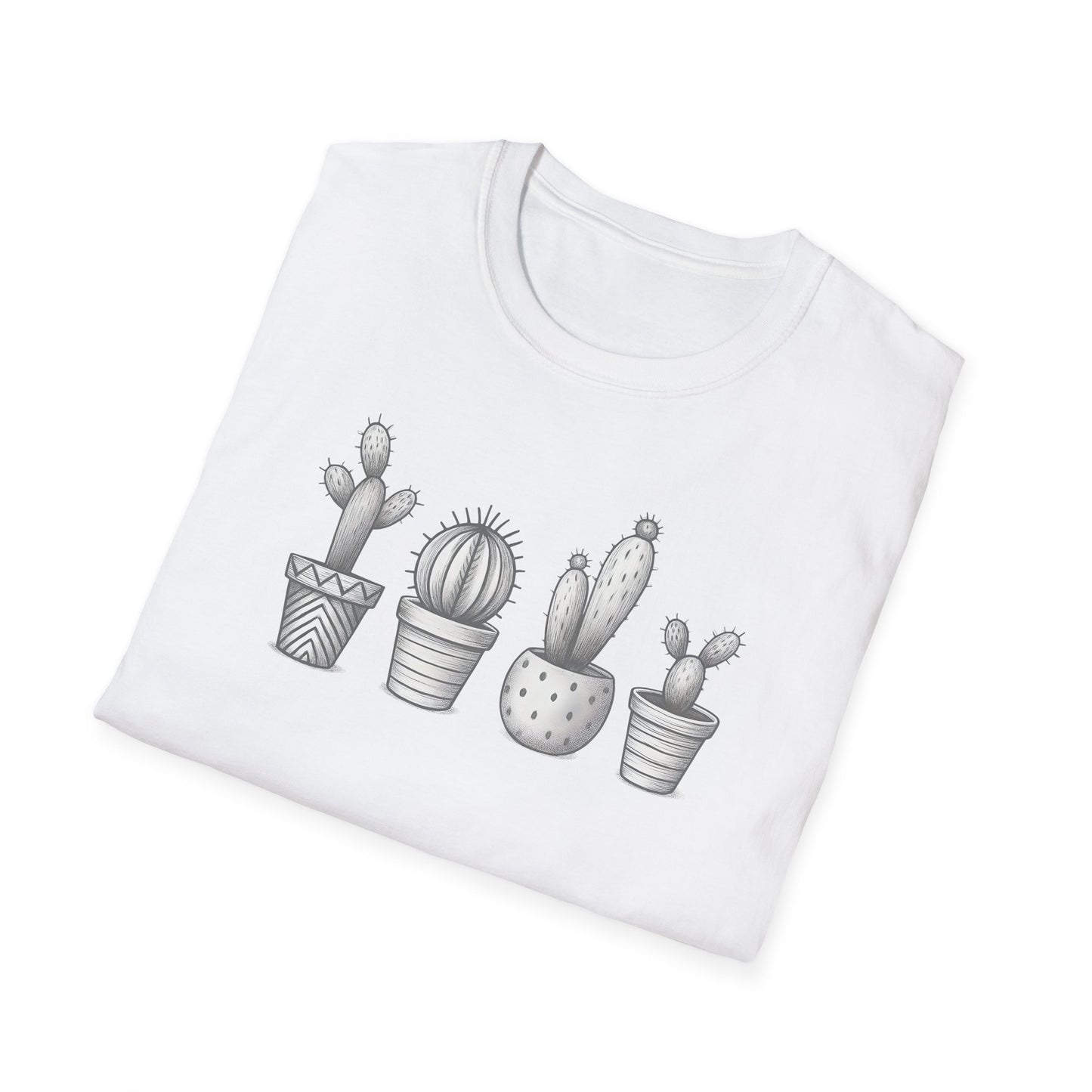 Gray Cacti In Terracotta Pots Line T-Shirt - Botanical Design