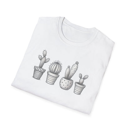 Gray Cacti In Terracotta Pots Line T-Shirt - Botanical Design