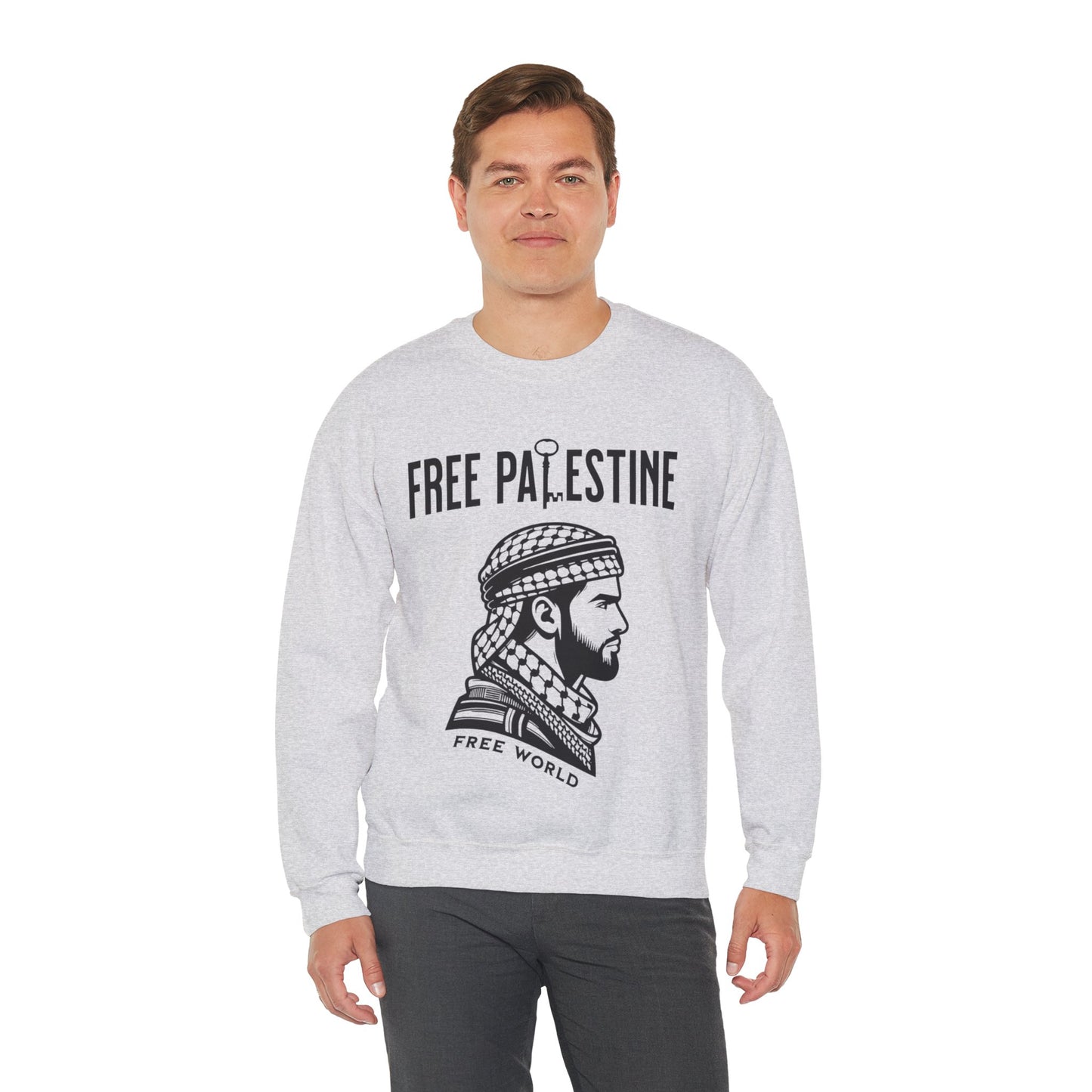 Free Palestine Free World - Man Wearing Palestinian Kuffiyah Sweatshirt