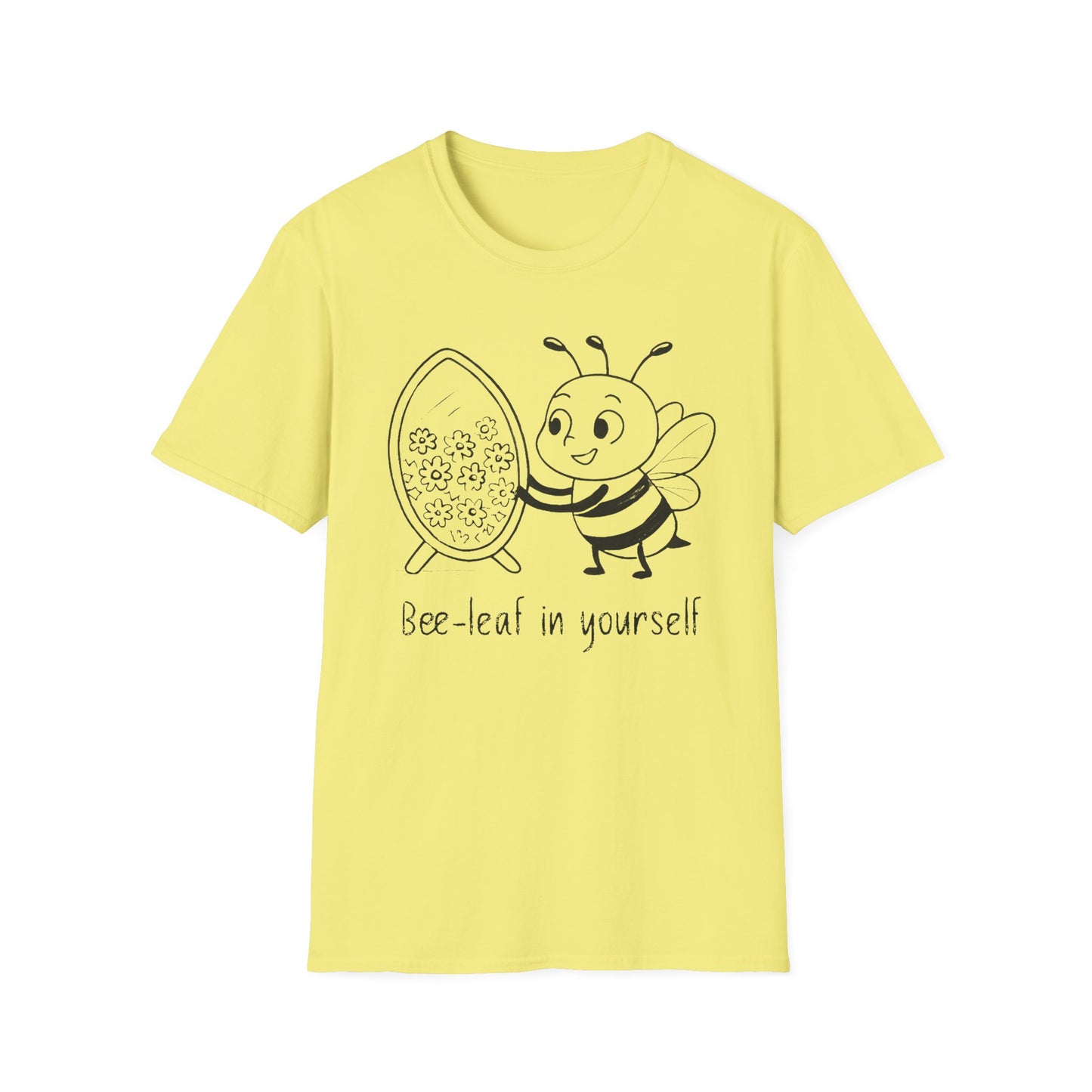 Believe In Yourself T-Shirt - Chalkboard Playful Bee Gazes into Leaf Mirror Design