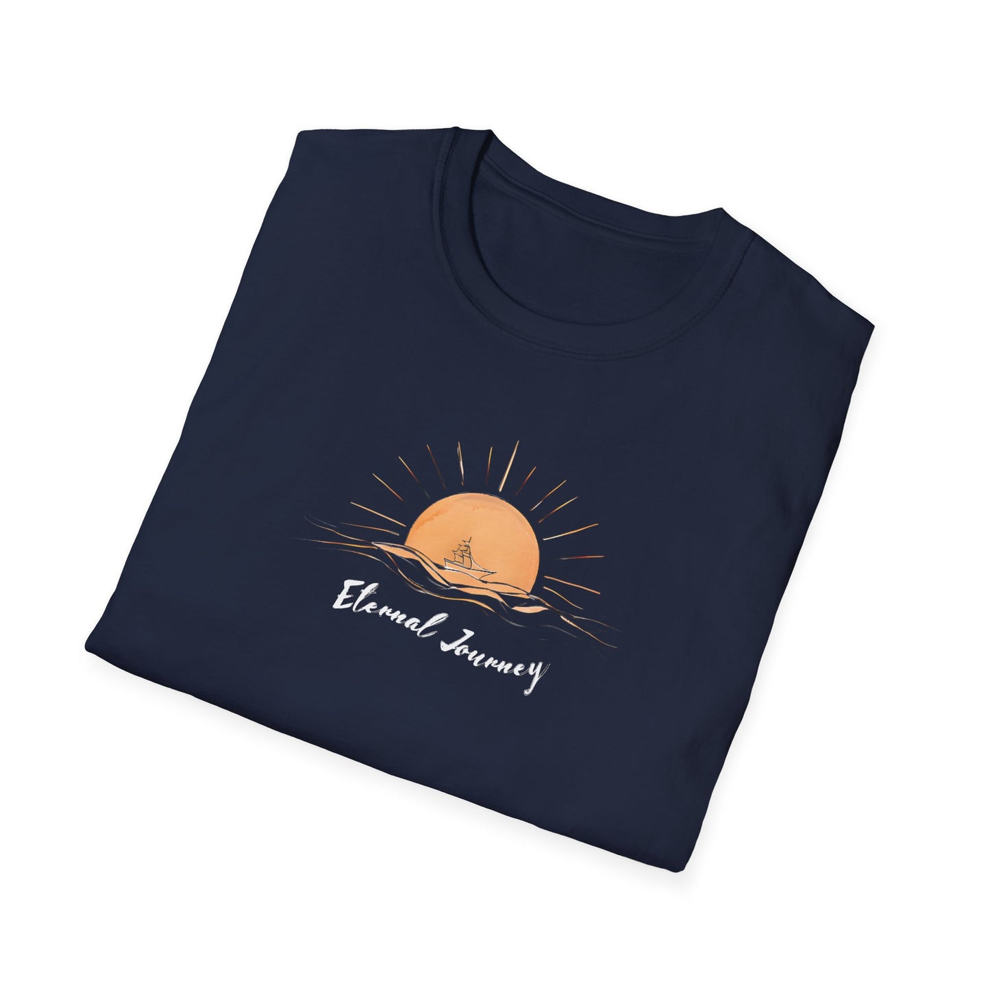 Eternal Journey T-Shirt - Minimalist Sun With Sailing Ship - Nature Scene Line Art Design
