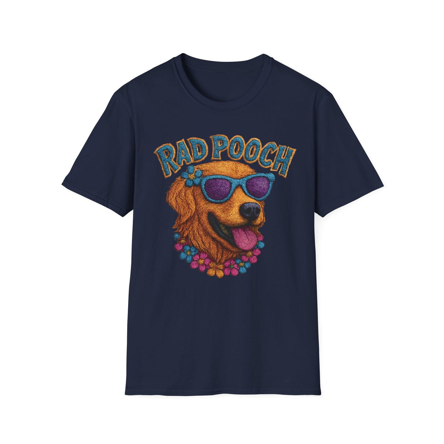 Rad Pooch – Embroidery-Like Style Cartoon Golden Retriever Dog With Floral T-Shirt
