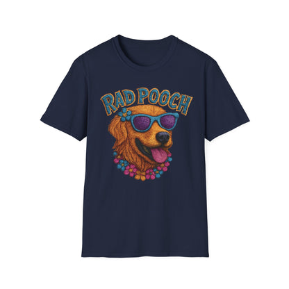 Rad Pooch – Embroidery-Like Style Cartoon Golden Retriever Dog With Floral T-Shirt