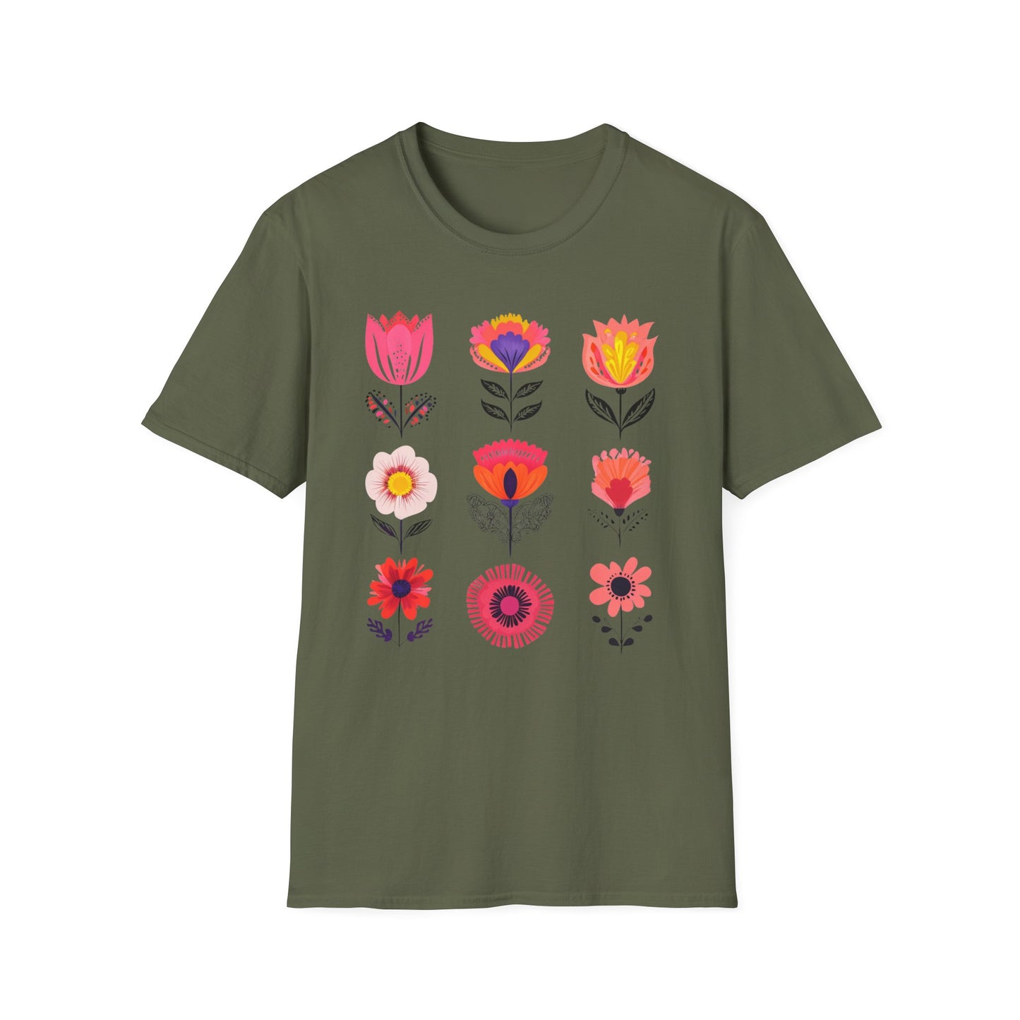 Vibrant Boho Grid Flowers T-Shirt