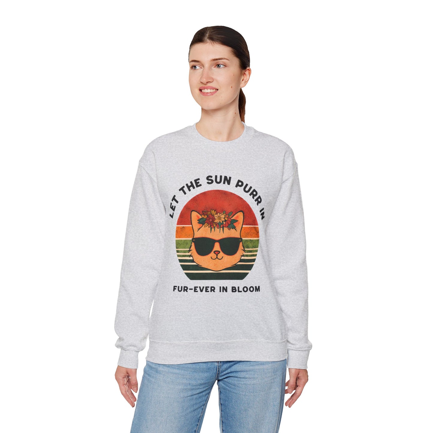 Let the Sun Purr In - Playful Vintage Sunset And A Cat in Sunglasses and Floral Crown Sweatshirt