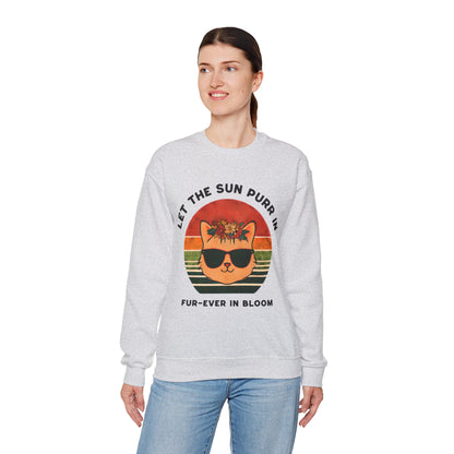 Let the Sun Purr In - Playful Vintage Sunset And A Cat in Sunglasses and Floral Crown Sweatshirt