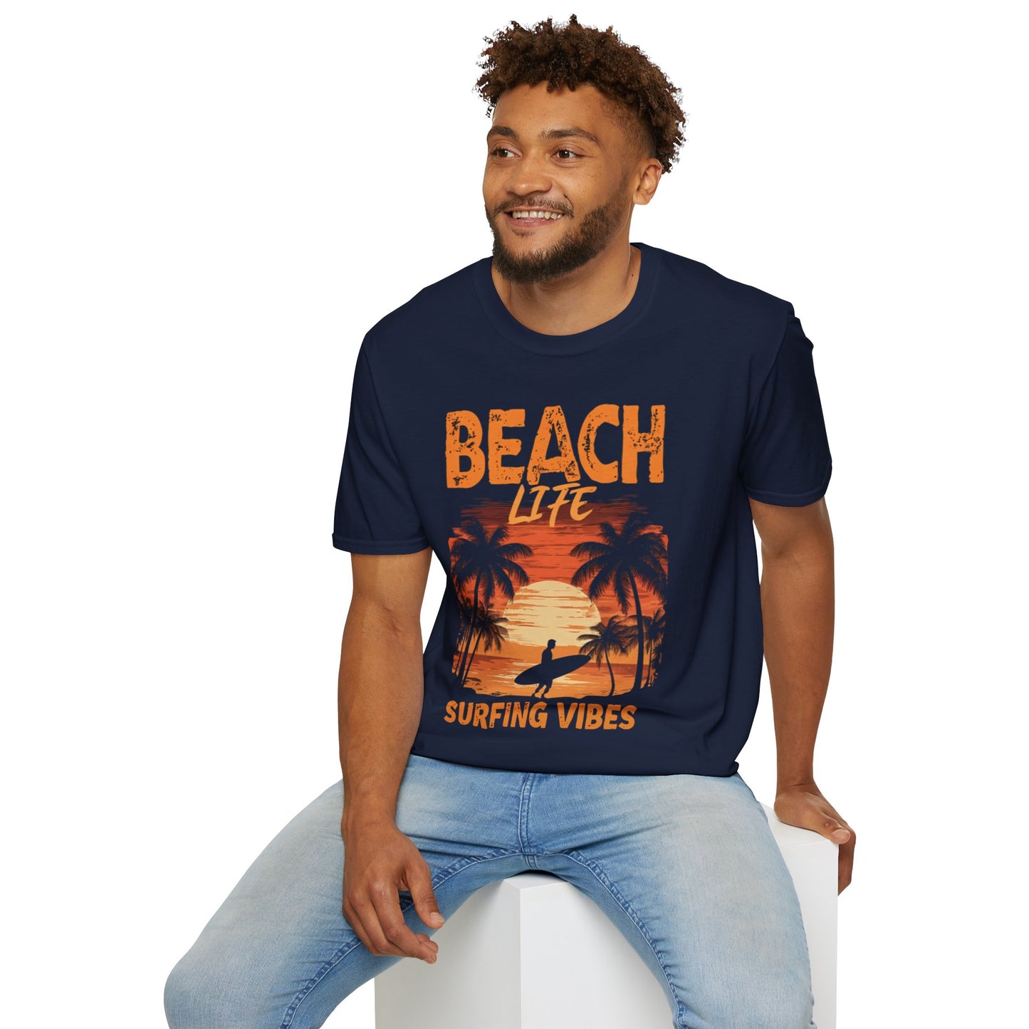 Beach Life Surfing Vibes - Vintage Beach With Silhouetted Surfer and Palm Trees T-Shirt