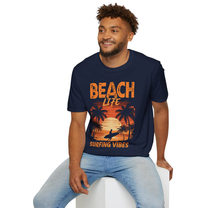 Beach Life Surfing Vibes - Vintage Beach With Silhouetted Surfer and Palm Trees T-Shirt